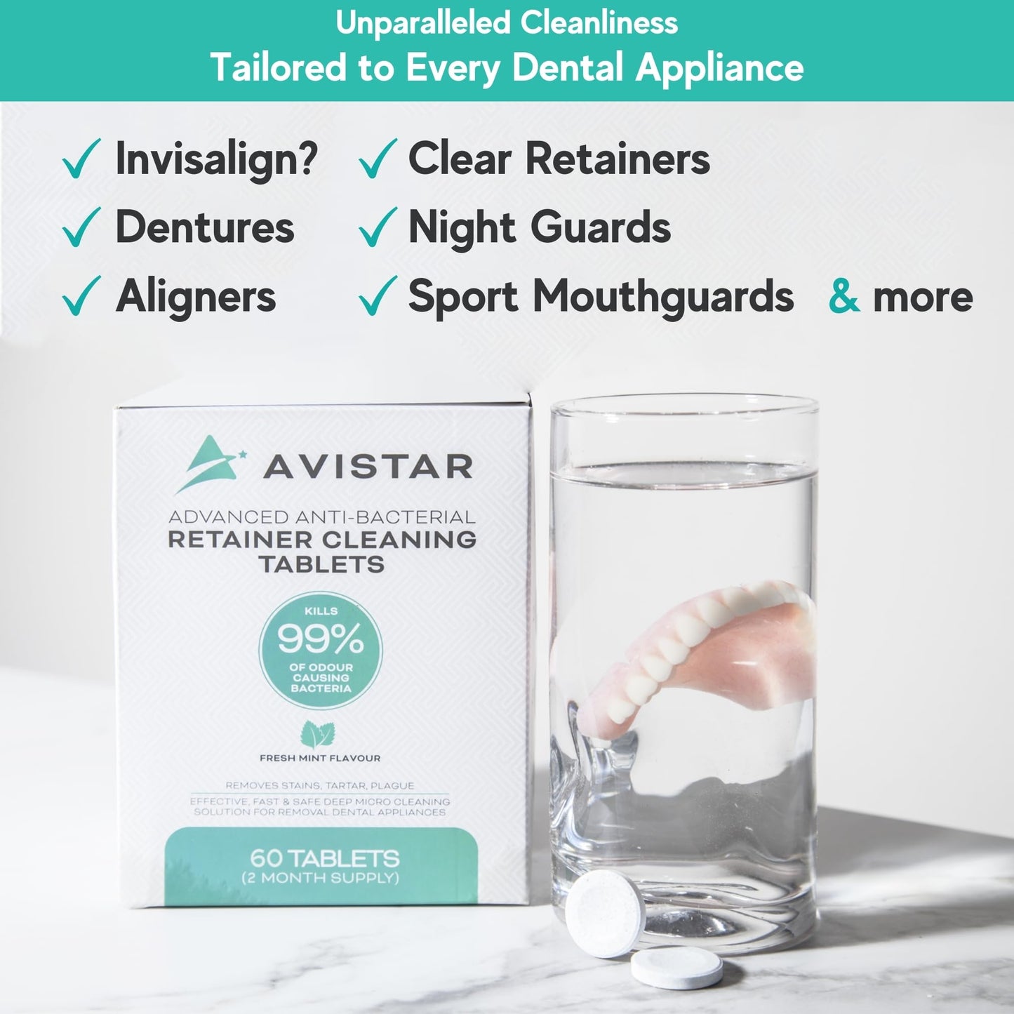 Mint Flavor Retainer & Mouth Guard Cleaner Tablets – Invisalign & Denture Cleaner (FSA/HSA Approved)