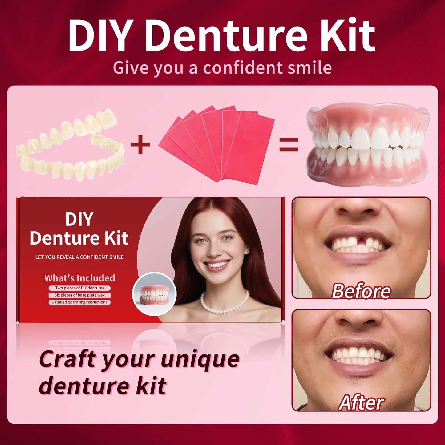 Dentures DIY Kit: Full Top & Bottom Teeth for At-Home Smile - Universal Fit