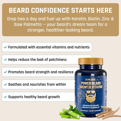 Derm Dude Power Beard Growth Vitamins for Men | Biotin 10K mcg, Zinc & B12