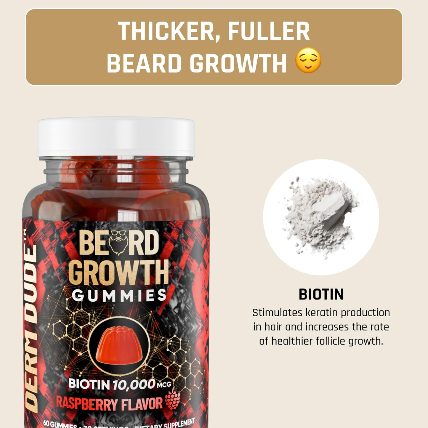 Derm Dude Beard Growth Gummies for Men — Biotin 10,000 mcg | 60 Gummies