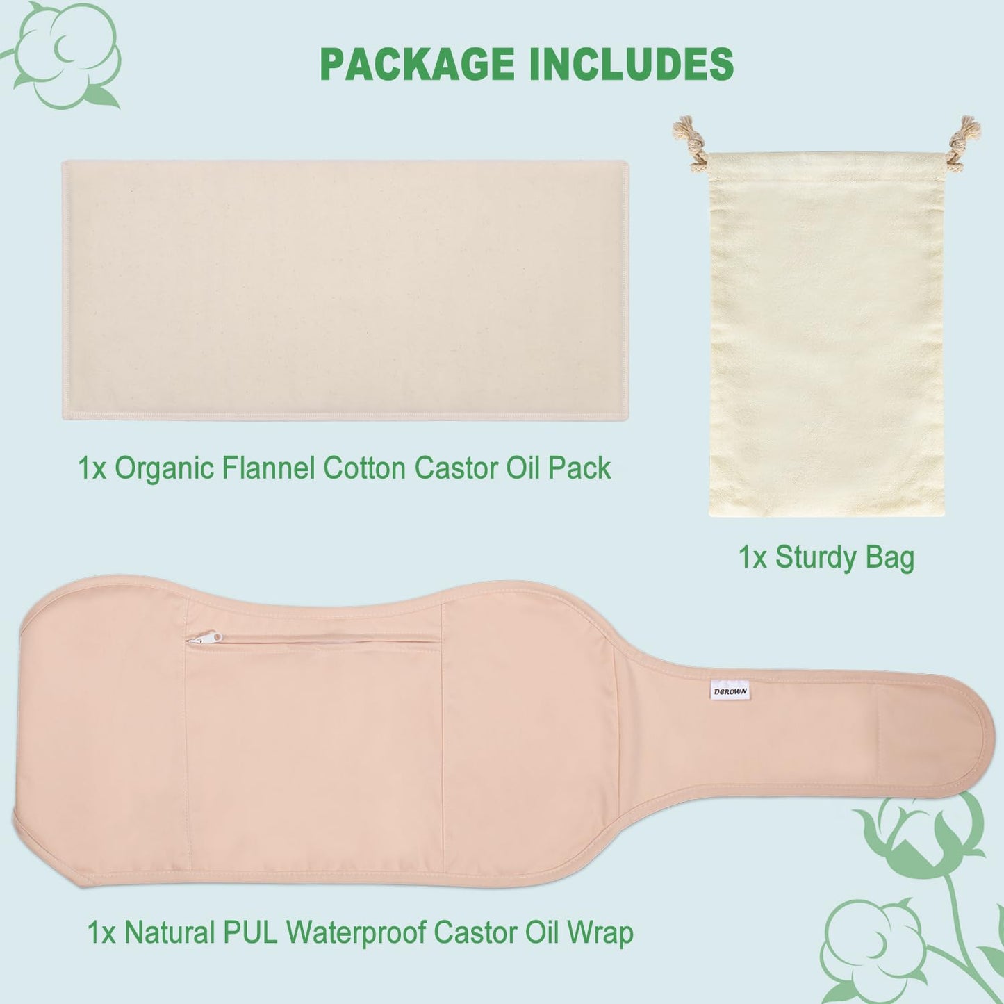 DEROWN Castor Oil Pack for Liver Detox – Mess-Free, Reusable, Organic Cotton Flannel & Waterproof PUL