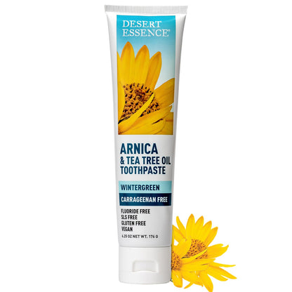 Desert Essence Arnica & Tea Tree Toothpaste – Carrageenan & Fluoride Free, Wintergreen Mint – Vegan, Non-GMO, Gluten-Free – 6.5 oz