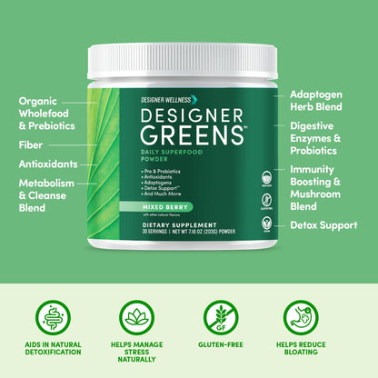 Designer Greens Powder with Prebiotics & Probiotics – 30 Servings | Designer Wellness