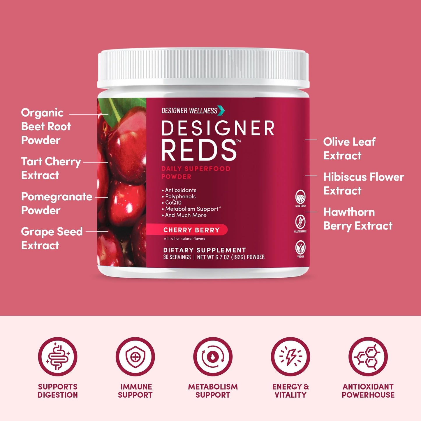 Designer Reds Beet Root Daily Superfood Powder – Cherry Berry, 30 Servings | Energy, Immunity, Digestive & Heart Health