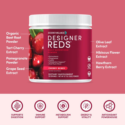 Designer Reds Beet Root Daily Superfood Powder – Cherry Berry, 30 Servings | Energy, Immunity, Digestive & Heart Health