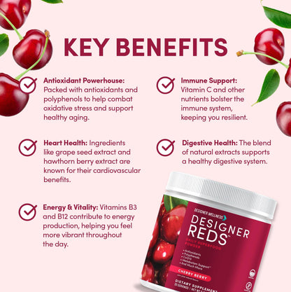 Designer Reds Beet Root Daily Superfood Powder – Cherry Berry, 30 Servings | Energy, Immunity, Digestive & Heart Health