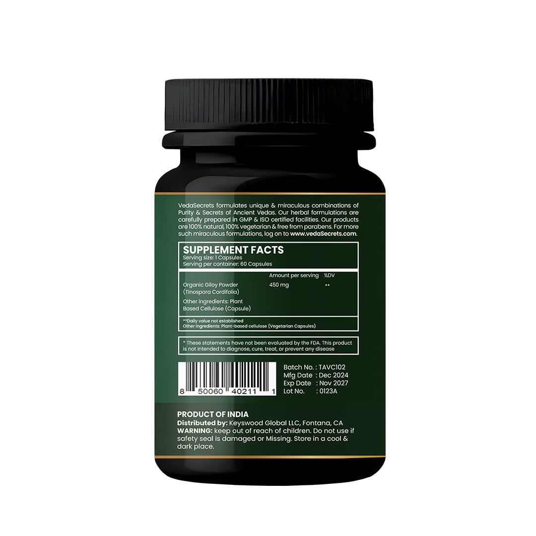 VedaSecrets Giloy Dietary Supplement - Tinospora Cordifolia, Organic Giloy Powder, 60 Vegetarian Capsules