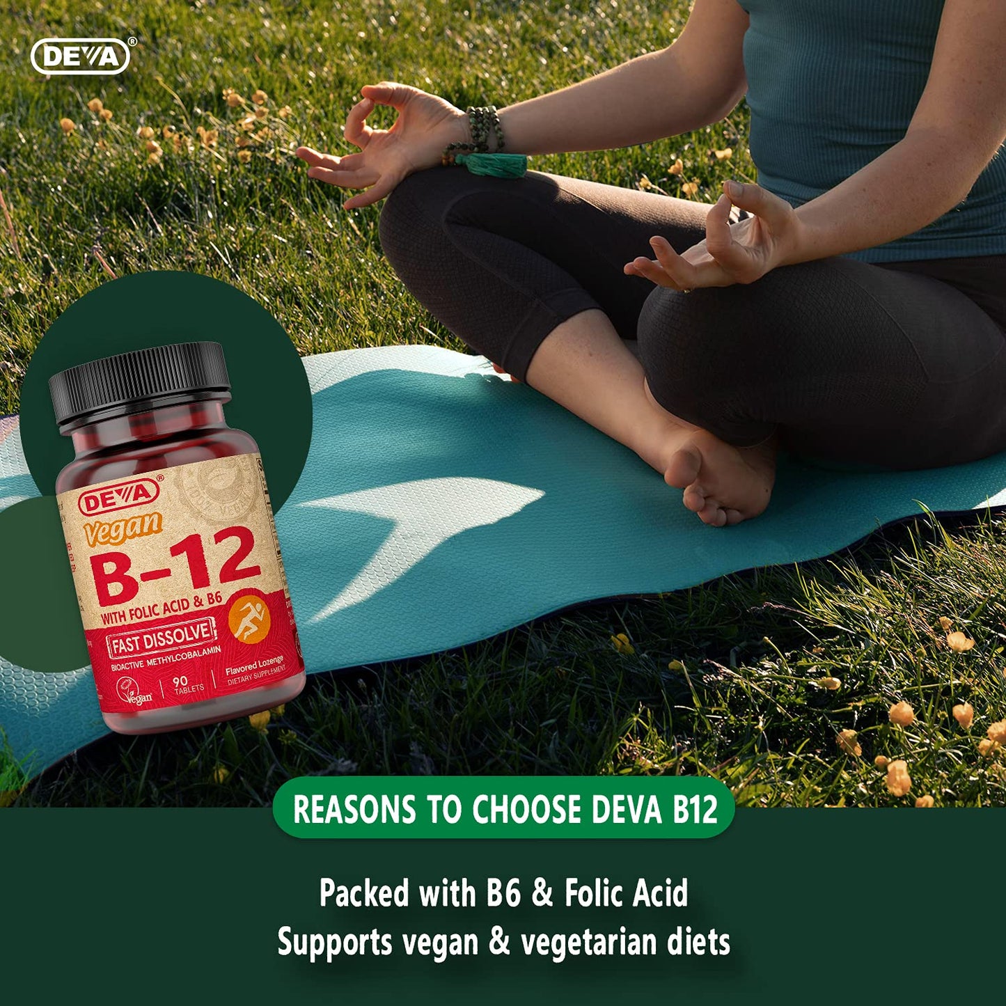 DEVA Vegan Vitamin B12 Fast Dissolve – 1000 mcg Methylcobalamin, Folic Acid & B6 – Lemon Flavor, 90 Tablets