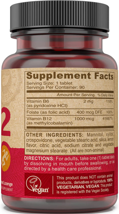DEVA Vegan Vitamin B12 Fast Dissolve – 1000 mcg Methylcobalamin, Folic Acid & B6 – Lemon Flavor, 90 Tablets