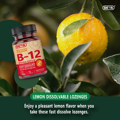 DEVA Vegan Vitamin B12 Fast Dissolve – 1000 mcg Methylcobalamin, Folic Acid & B6 – Lemon Flavor, 90 Tablets