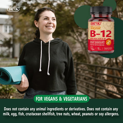 DEVA Vegan Vitamin B12 Fast Dissolve – 1000 mcg Methylcobalamin, Folic Acid & B6 – Lemon Flavor, 90 Tablets