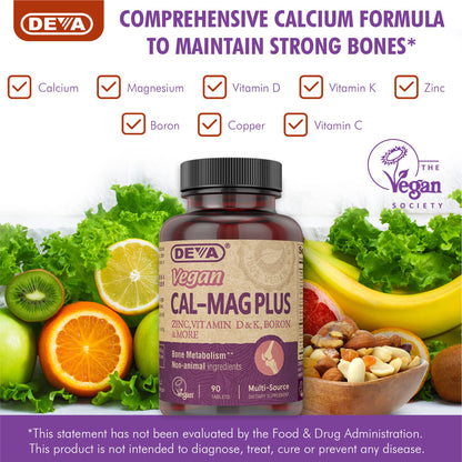 DEVA Vegan Calcium Magnesium Plus 2-Pack – Zinc, Vitamins C D K | 90 Tablets Each
