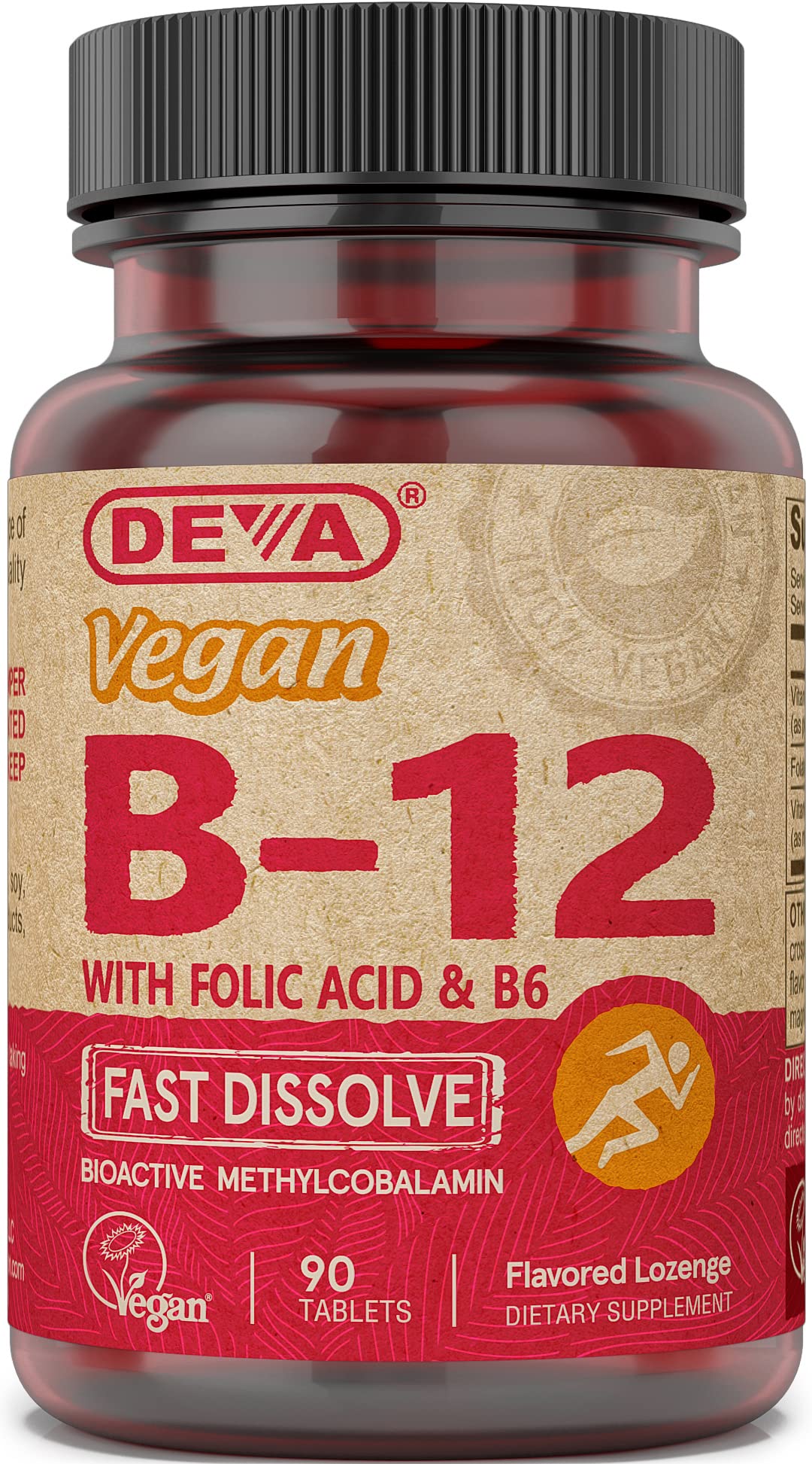 DEVA Vegan Vitamin B12 Fast Dissolve – 1000 mcg Methylcobalamin, Folic Acid & B6 – Lemon Flavor, 90 Tablets