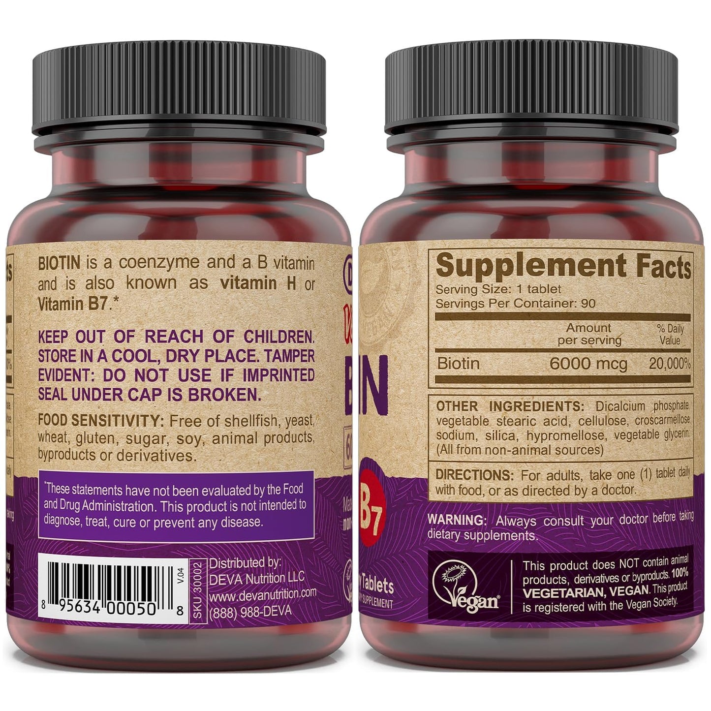 DEVA Vegan Biotin 6000 mcg – Easy-to-Swallow Vitamin B7 (90 Tablets)