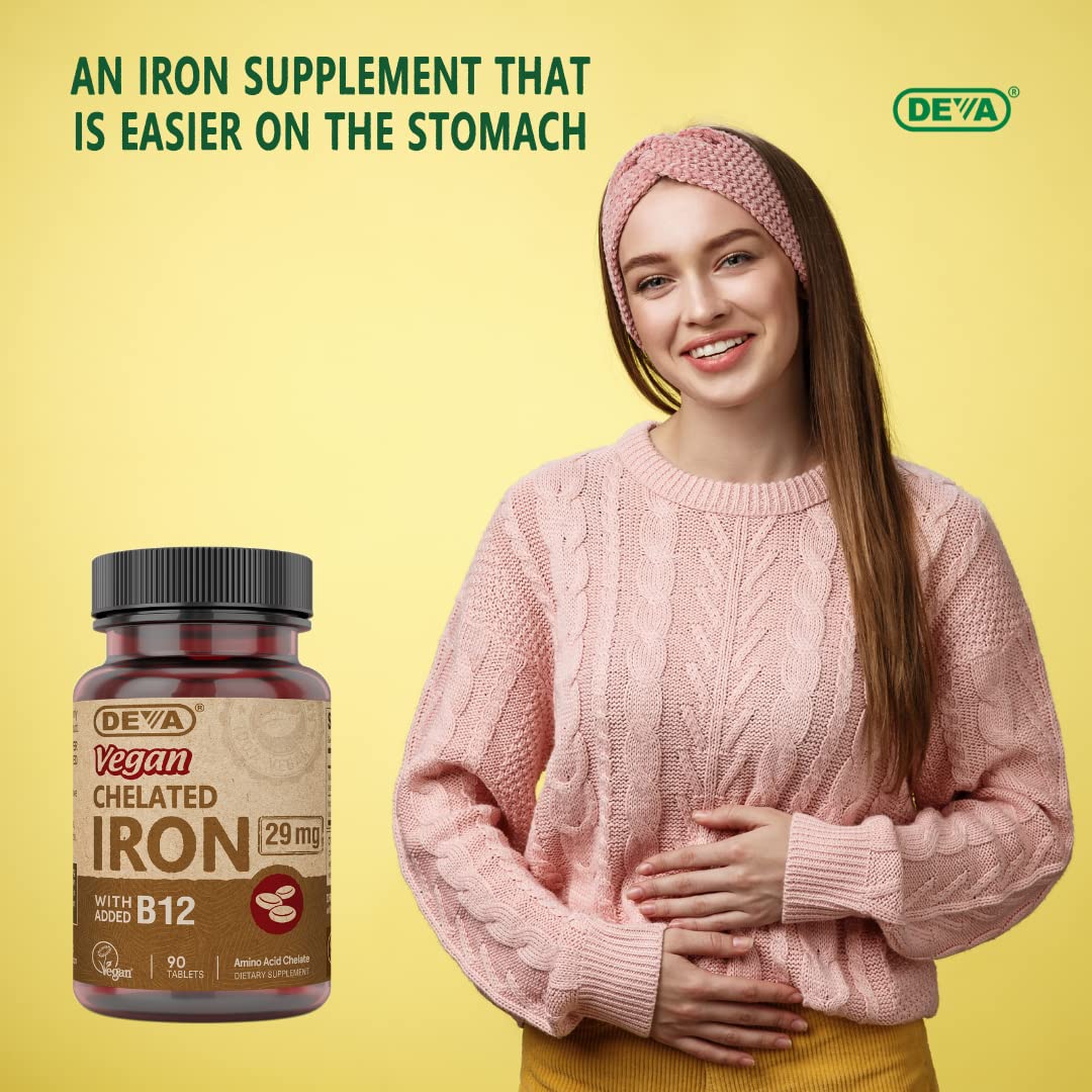 Deva Vegan Chelated Iron 29 mg with B-12 – High Potency, 90 Tablets (1-Pack)