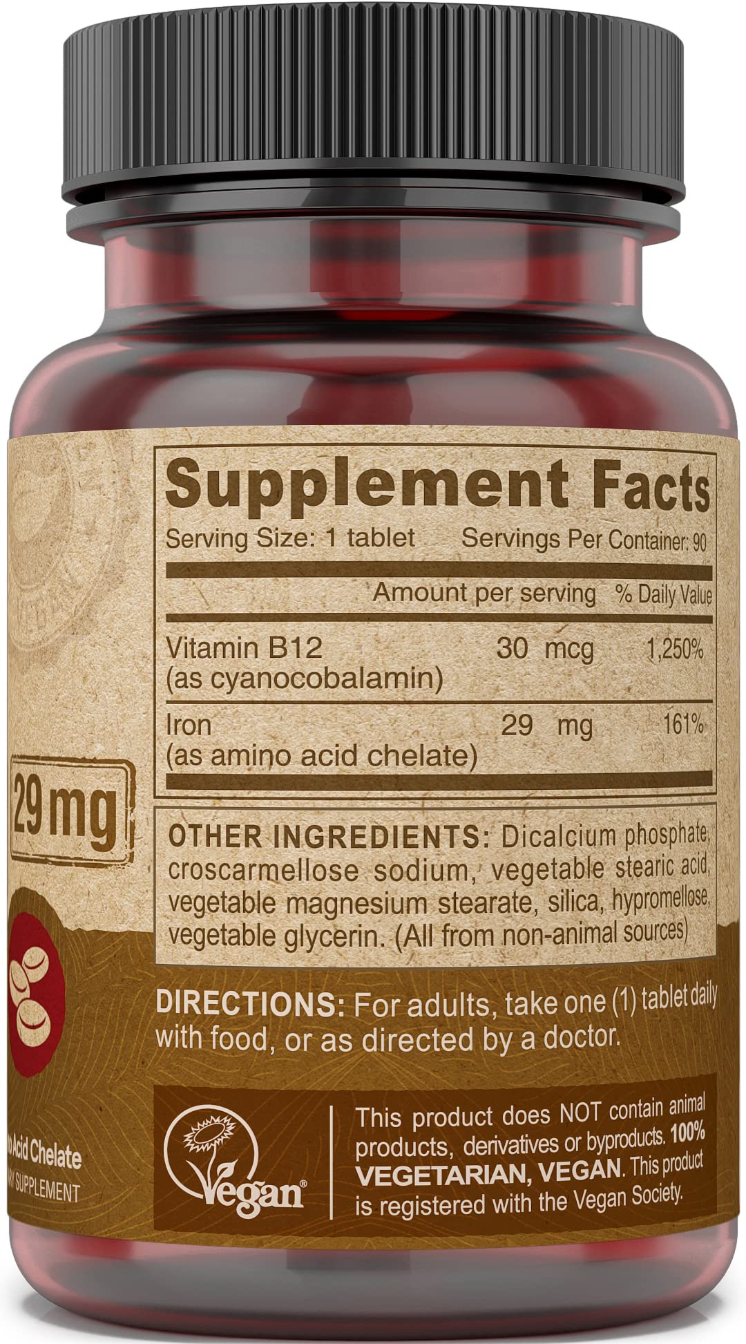 Deva Vegan Chelated Iron 29 mg with B-12 – High Potency, 90 Tablets (1-Pack)