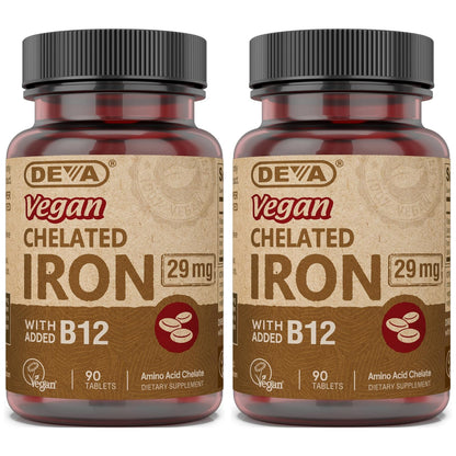DEVA Nutrition Vegan Chelated Iron 29 mg with B-12 – 90 Tablets, 2-Pack