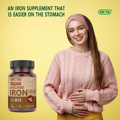 DEVA Nutrition Vegan Chelated Iron 29 mg with B-12 – 90 Tablets, 2-Pack
