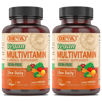 DEVA Vegan Multivitamin & Mineral - Iron Free Greens Formula (90 Coated Tablets x 2)