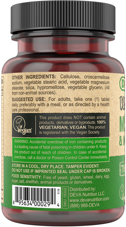 DEVA Vegan Multivitamin for Women & Men – Iron, C, E, B-Complex, Zinc | 90 Tiny Tablets
