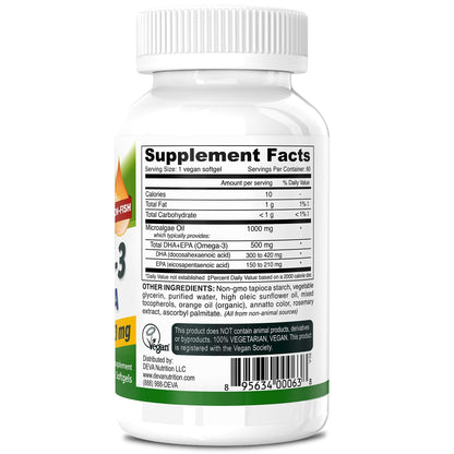 DEVA Vegan Omega-3 DHA-EPA 500MG – Algae-Derived, Non-GMO, Gelatin-Free Softgels | 60 Count