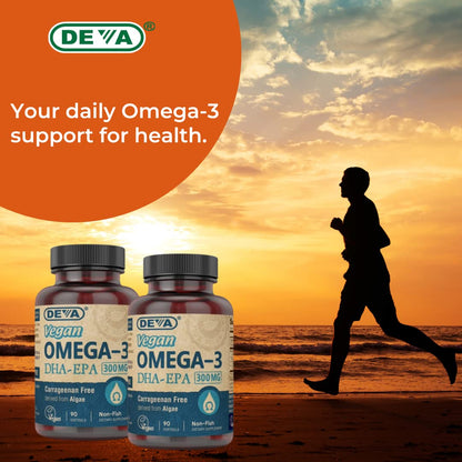 DEVA Vegan Omega-3 DHA-EPA Softgels - 300 mg DHA-EPA, 90 Count | Carrageenan & Gluten Free, Algae Oil