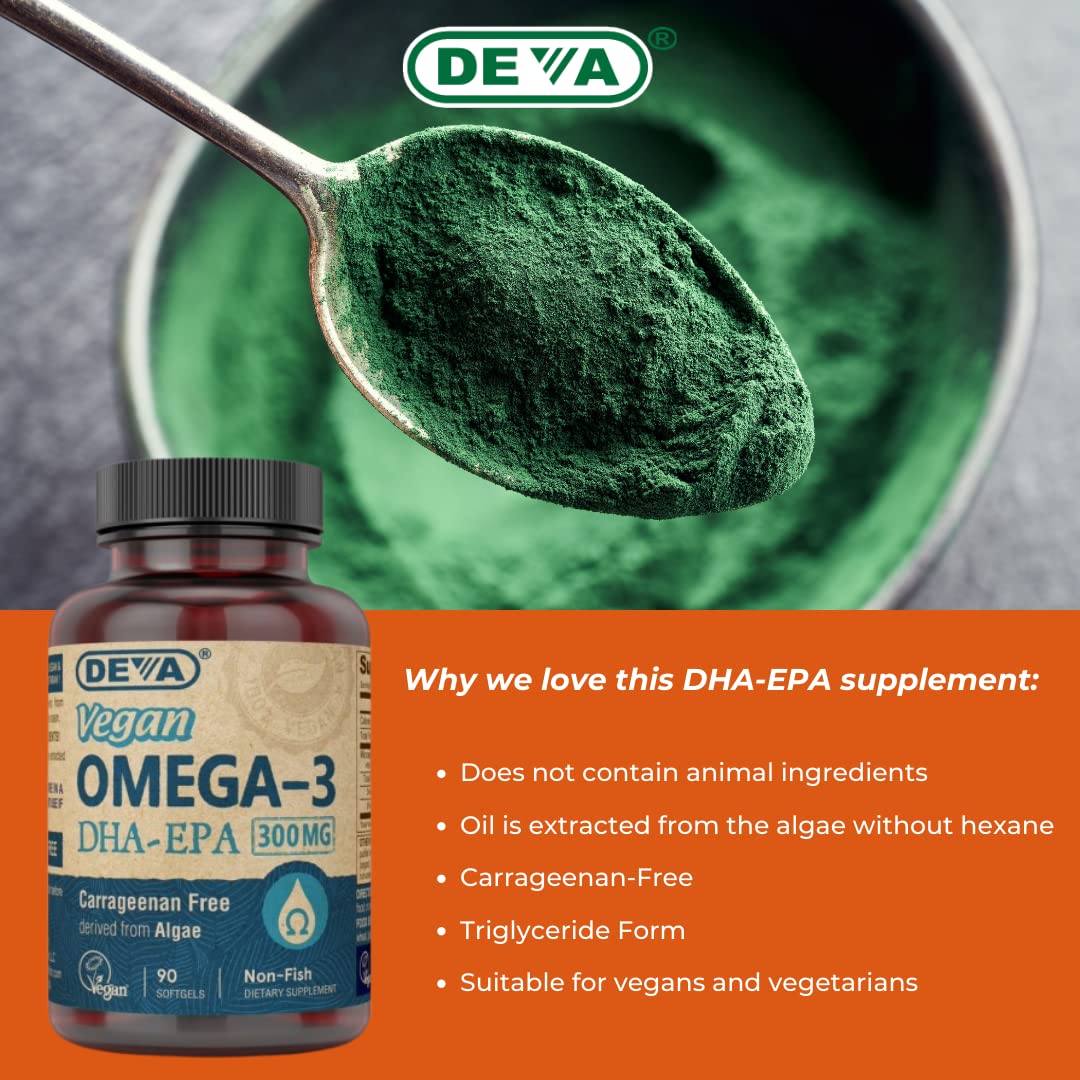 DEVA Vegan Omega-3 DHA-EPA Softgels - 300 mg DHA-EPA, 90 Count | Carrageenan & Gluten Free, Algae Oil