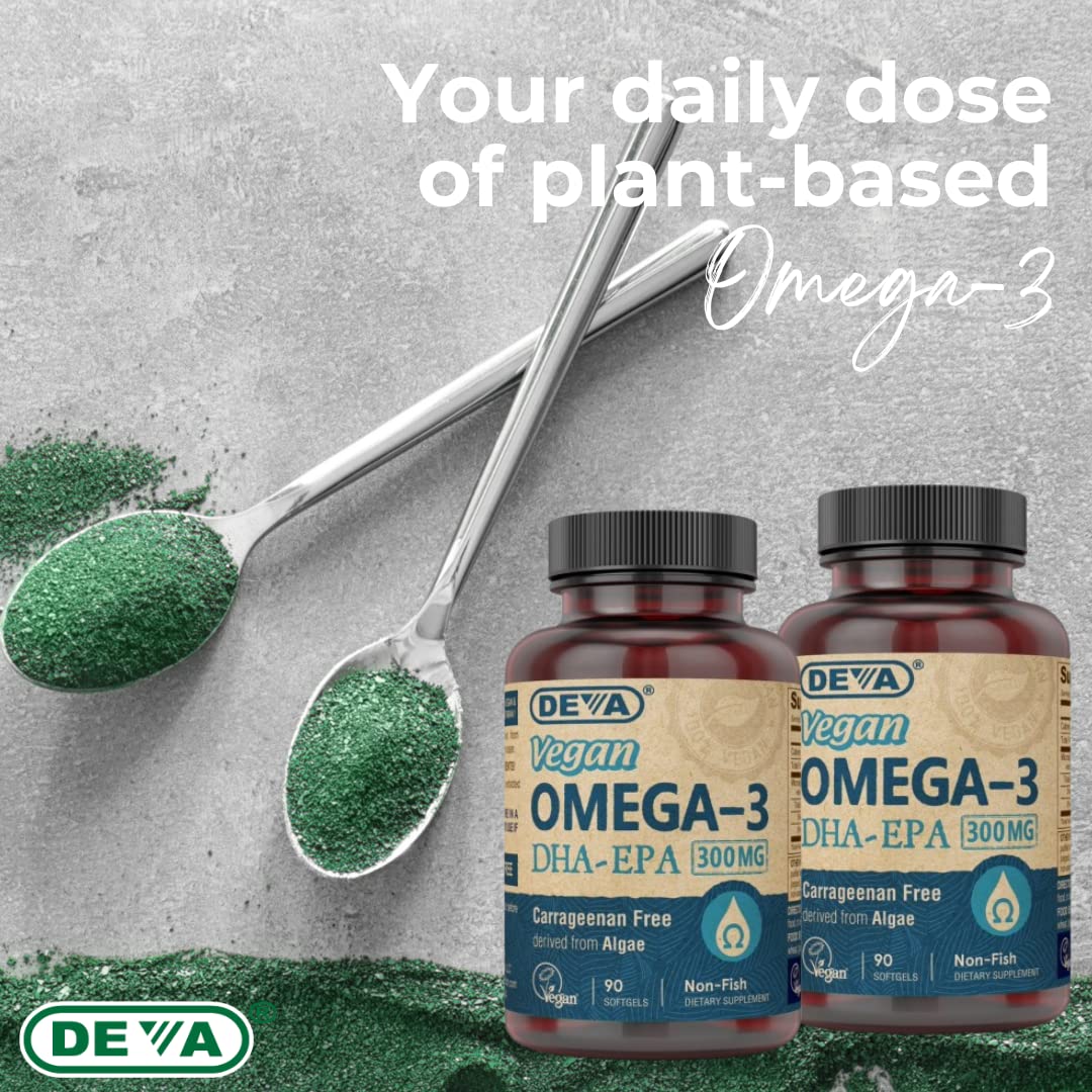 DEVA Vegan Omega-3 DHA-EPA Softgels - 300 mg DHA-EPA, 90 Count | Carrageenan & Gluten Free, Algae Oil