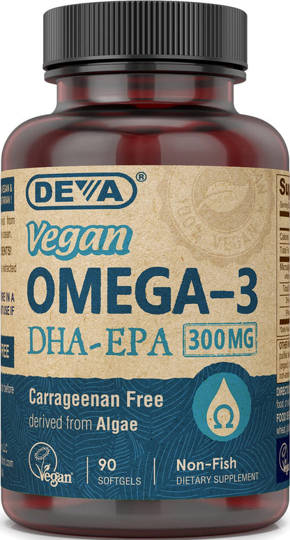DEVA Vegan Omega-3 DHA-EPA Softgels - 300 mg DHA-EPA, 90 Count | Carrageenan & Gluten Free, Algae Oil