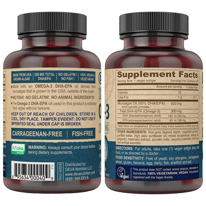 DEVA Vegan Omega-3 DHA-EPA Softgels - 300 mg DHA-EPA, 90 Count | Carrageenan & Gluten Free, Algae Oil