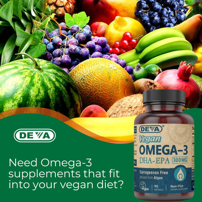 DEVA Vegan Omega-3 DHA-EPA Softgels - 300 mg DHA-EPA, 90 Count | Carrageenan & Gluten Free, Algae Oil
