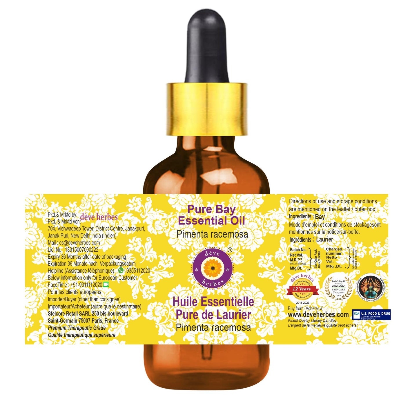 dève herbes Bay Essential Oil (Pimenta racemosa) – Steam Distilled 15ml | Glass Dropper | Pure & Non-Greasy