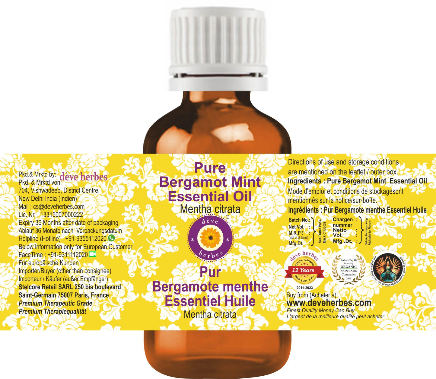 dève herbes Bergamot Mint Essential Oil (Mentha citrata) 15ml – Pure, Non-Sticky & Lightweight