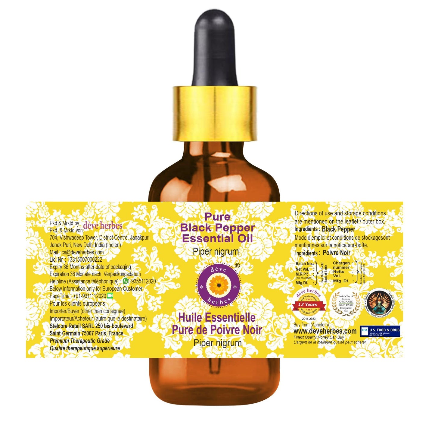 dève herbes Black Pepper Essential Oil (Piper nigrum) – 5ml, Glass Dropper, Steam Distilled, Pure
