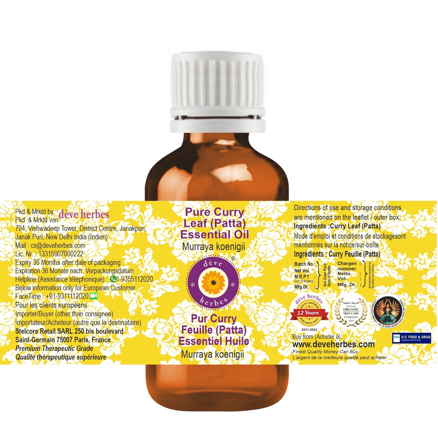 dève herbes Curry Leaf (Patta) Essential Oil (Murraya koenigii) Pure | Non-Sticky | Non-Greasy | Lightweight | Men & Women | All Skin Types | Steam Distilled 10ml (0.33 oz)