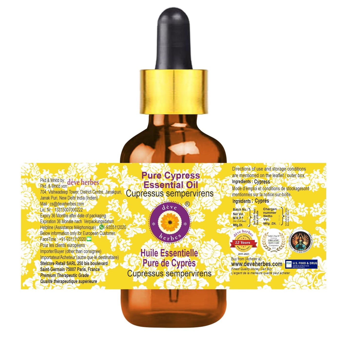 dève Herbes Cypress Essential Oil 5ml – Pure, Non-Greasy, Glass Dropper