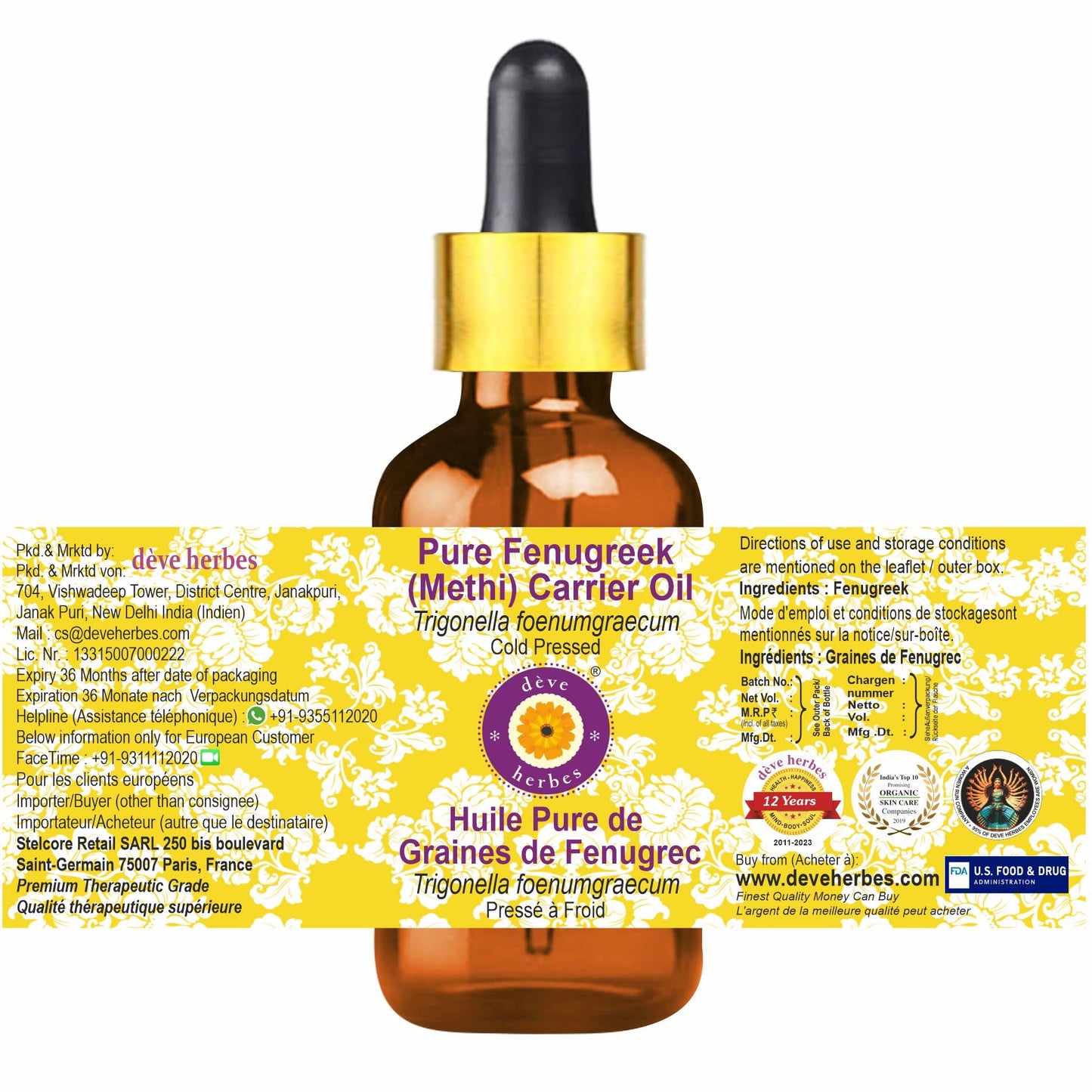 Deve Herbes Pure Fenugreek Oil (Methi) – Cold Pressed Carrier Oil, 100ml x 2 (Glass Dropper)