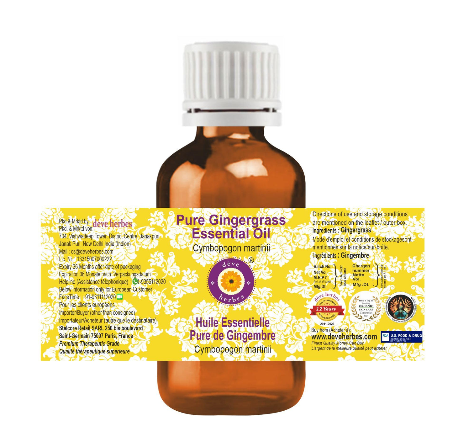 dève herbes Gingergrass Essential Oil – Cymbopogon martinii (50ml)