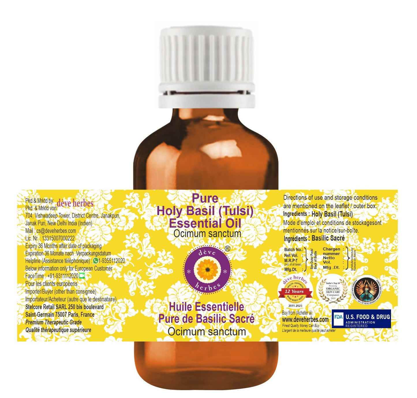 Deve Herbes Pure Holy Basil Essential Oil (Tulsi) – Steam Distilled 30ml