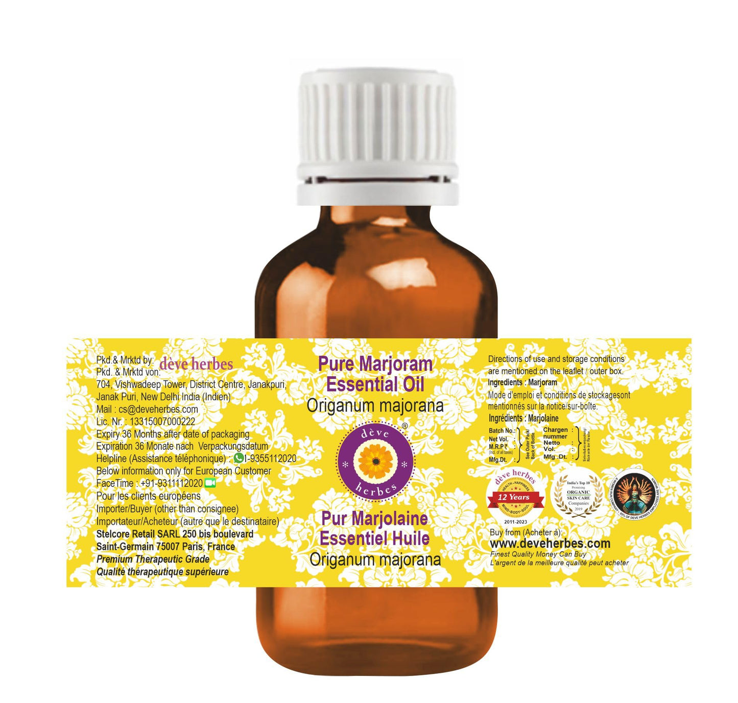 dève herbes Marjoram Essential Oil (Origanum majorana) – Pure, Steam Distilled, 10ml