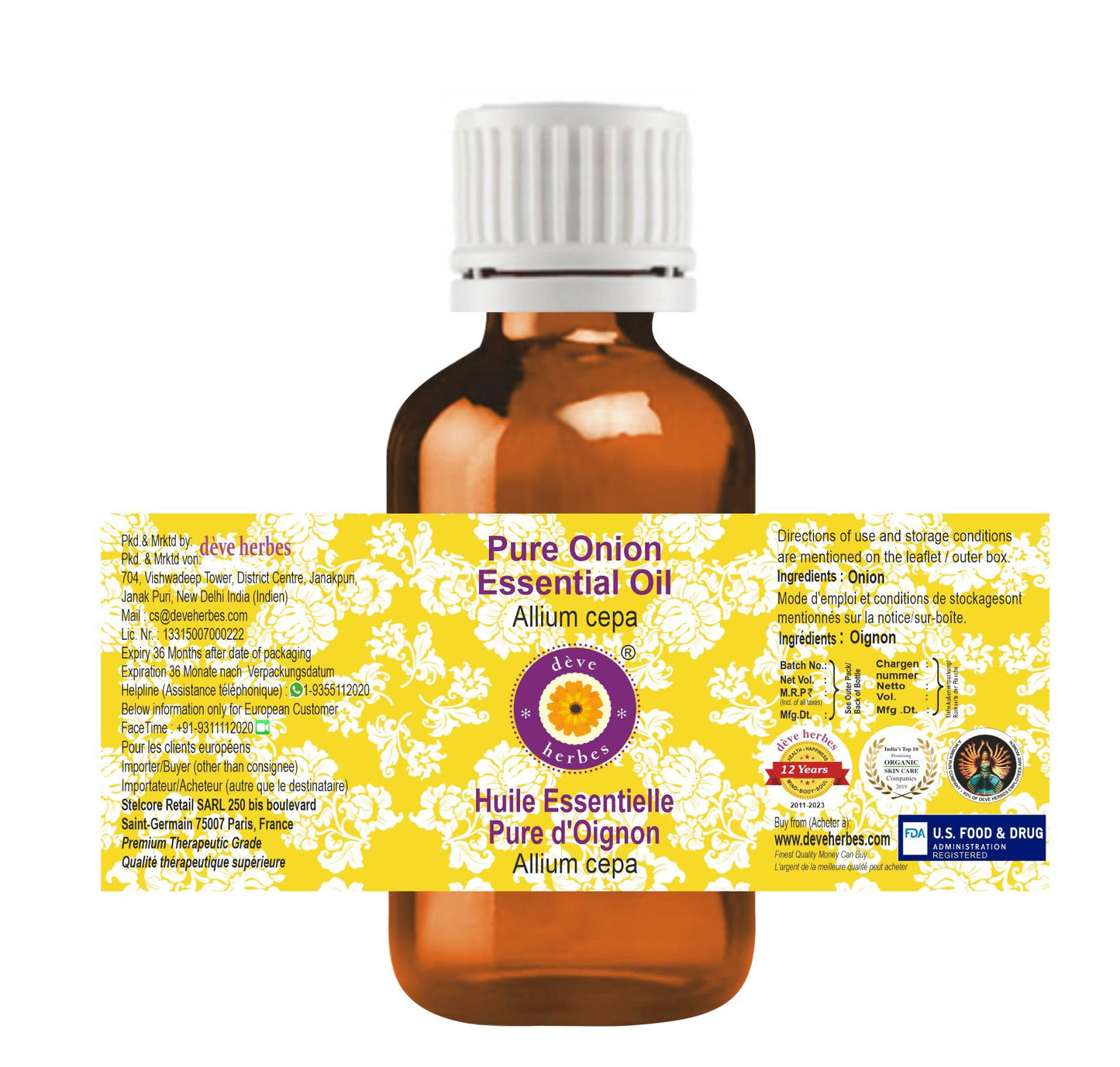 dève herbes Onion Essential Oil (Allium cepa) Pure | Non-Sticky | Non-Greasy | Lightweight | Men & Women | All Skin Types | Steam Distilled 5ml (0.16 oz)