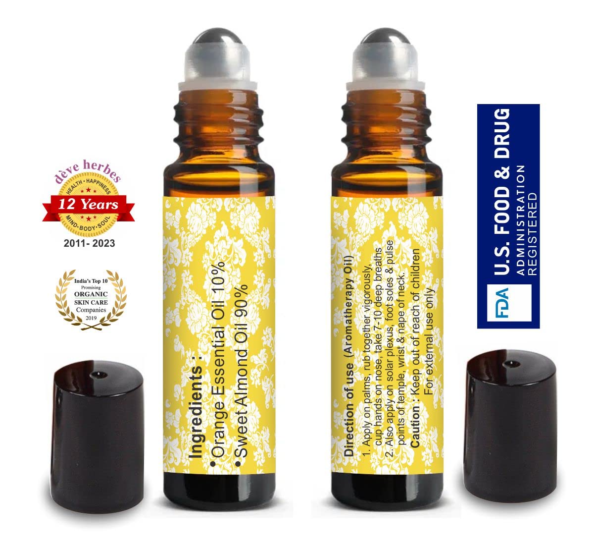 deve-herbes Orange Essential Oil Roll-On Prediluted 10ml for Aromatherapy and Skin (Kids & Adults)