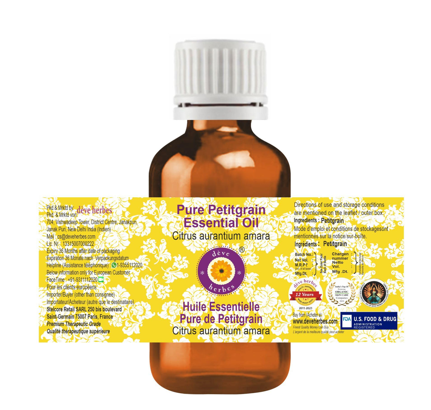 Deve Herbes Petitgrain Essential Oil (Citrus aurantium Amara) – Steam Distilled, 100ml x2