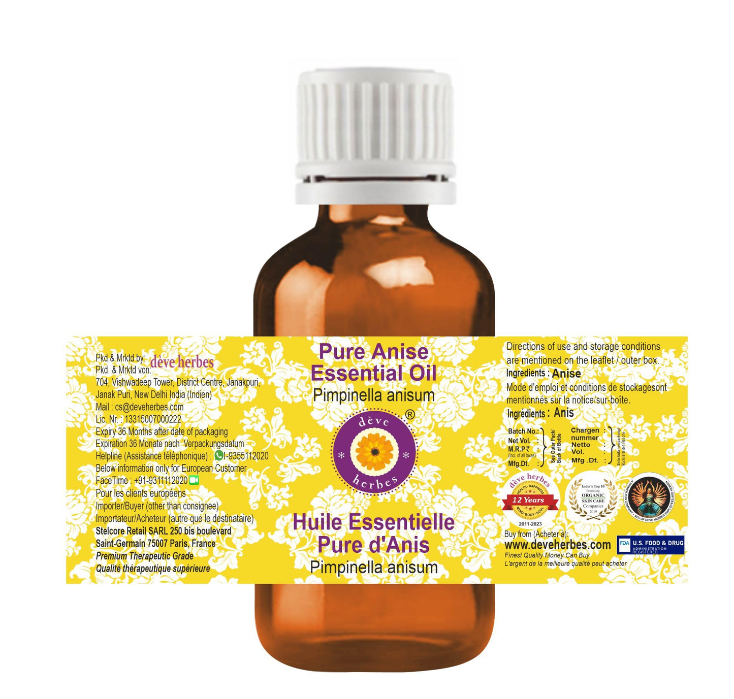 Deve Herbes Pure Anise Essential Oil (Pimpinella anisum) Steam Distilled 15ml (0.50 oz)