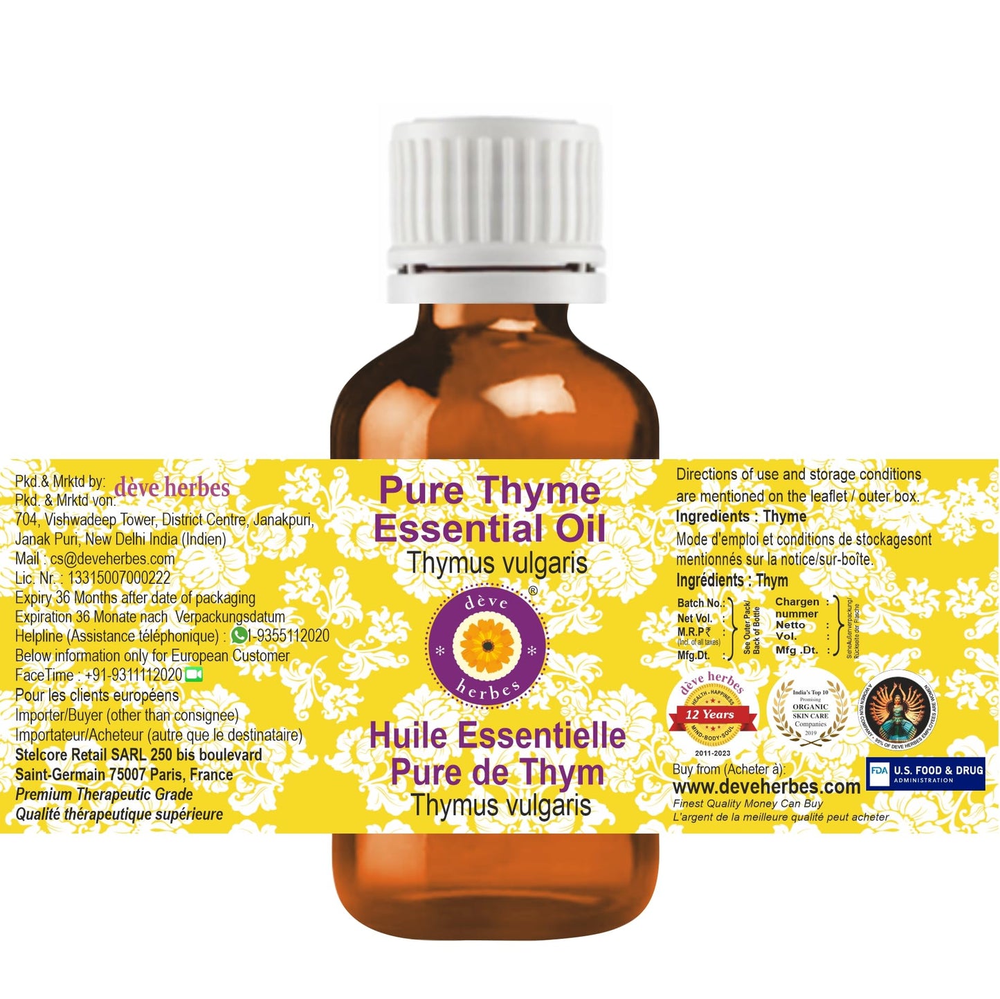Deve Herbes Pure Thyme Essential Oil (Thymus vulgaris) – Steam Distilled, 2ml (0.06 oz)