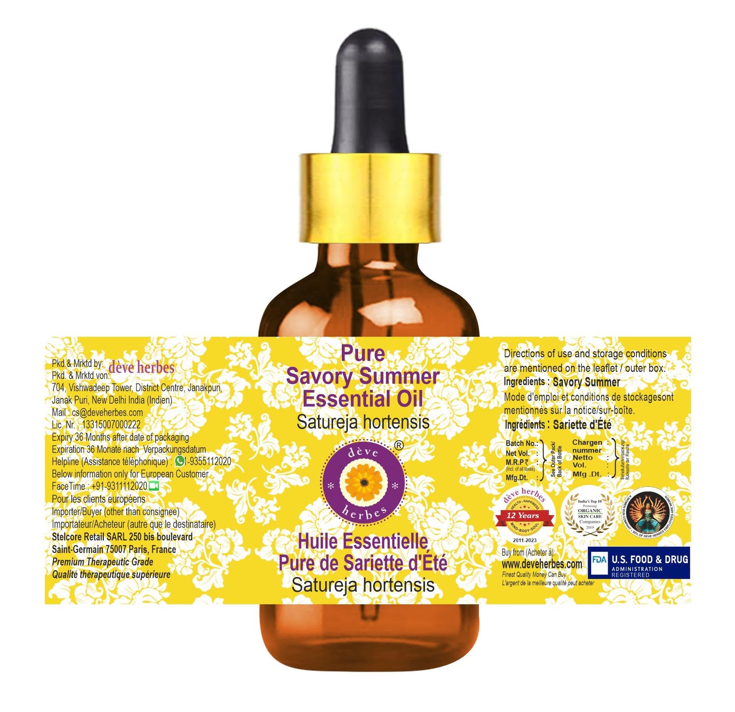 dève herbes Savory Summer Essential Oil (Satureja hortensis) with Glass Dropper | Pure | Non-Sticky | Non-Greasy | Lightweight | Men & Women | All Skin Types | Steam Distilled 15ml (0.5 oz)