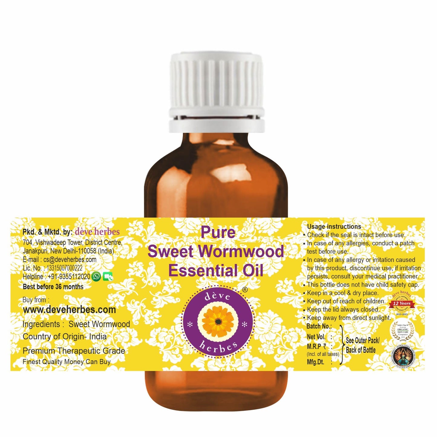 dève herbes Sweet Wormwood Essential Oil (Artemisia annua) 10ml - Pure, Steam Distilled