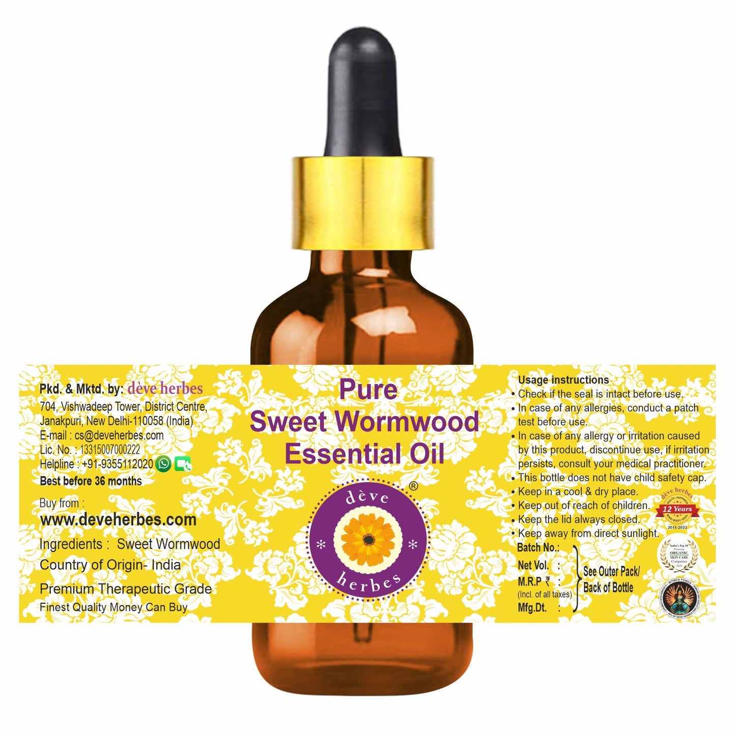 dève herbes Pure Sweet Wormwood Essential Oil (Artemisia annua) 5ml with Glass Dropper