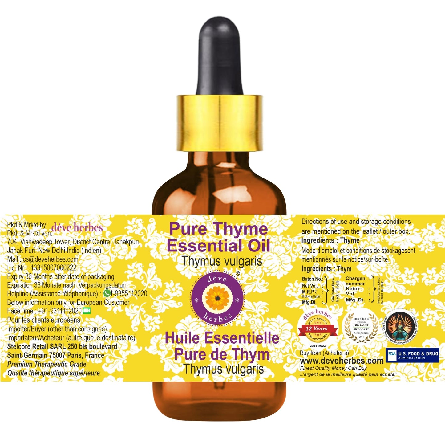 dève herbes Thyme Essential Oil (Thymus vulgaris) 100ml | Glass Dropper | Pure, Non-Greasy, Non-Sticky