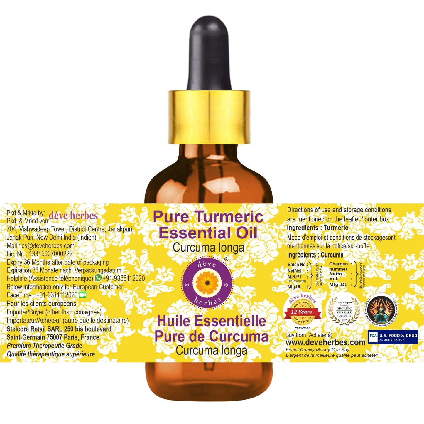dève herbes Turmeric Essential Oil (Curcuma Longa) 5ml – Glass Dropper, Pure & Lightweight